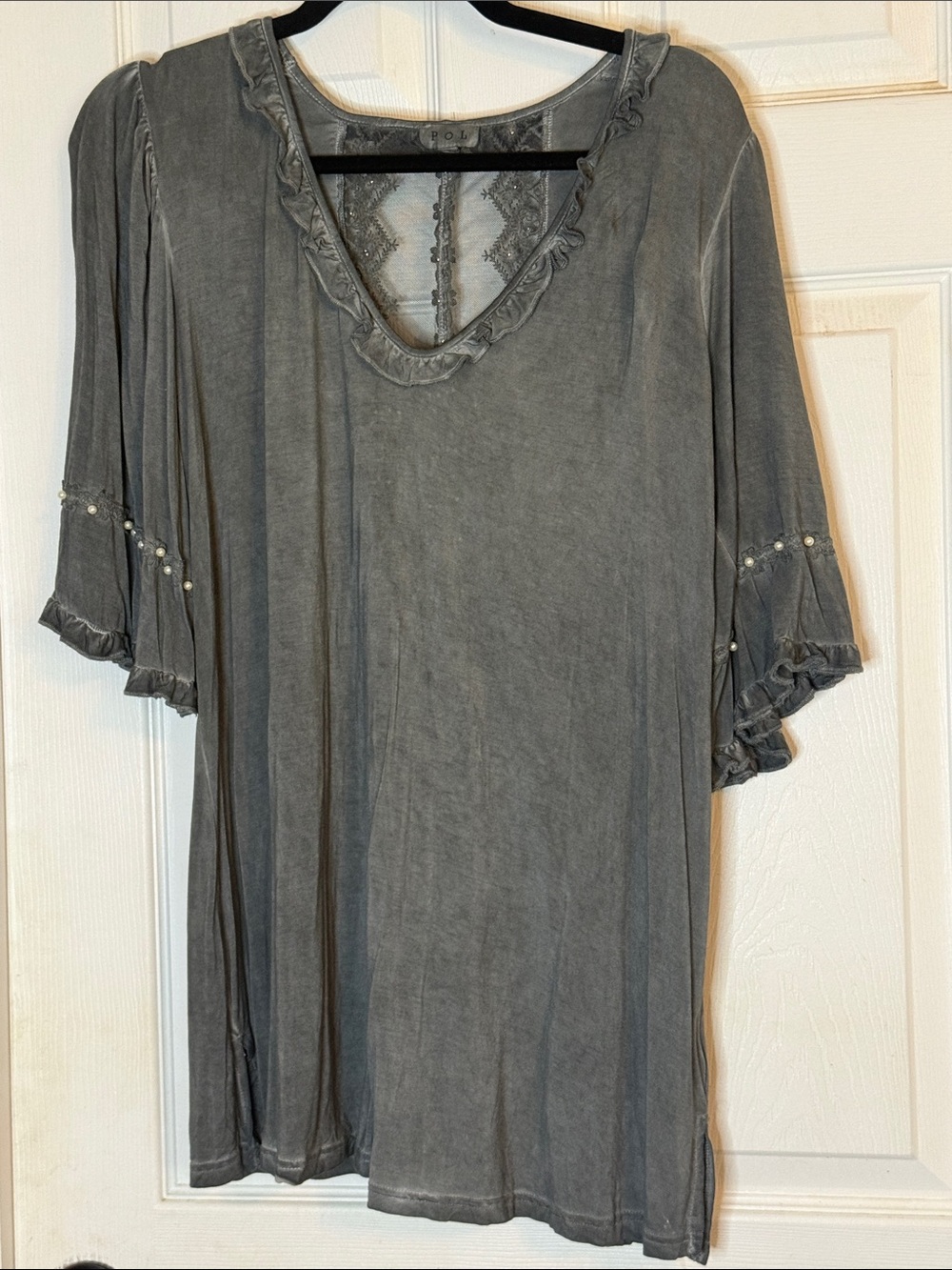 POL Gray Ruffled V-Neck Tunic with Lace Back and Pearl Trim